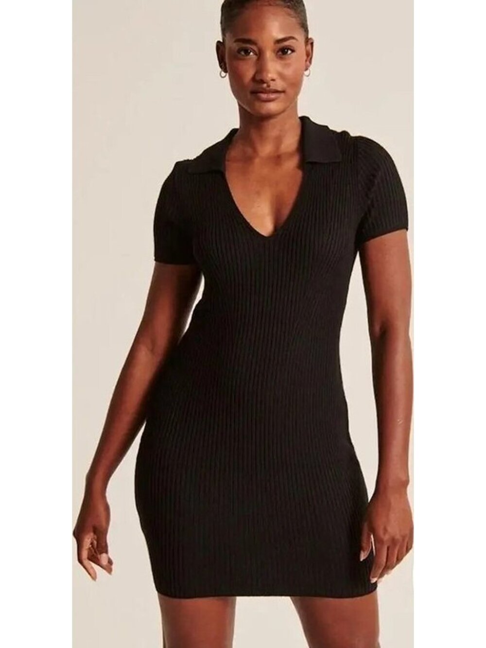 ABERCROMBIE & FITCH Collared Ribbed-Knit Stretchy Bodycon Dress, Black - S/Tall